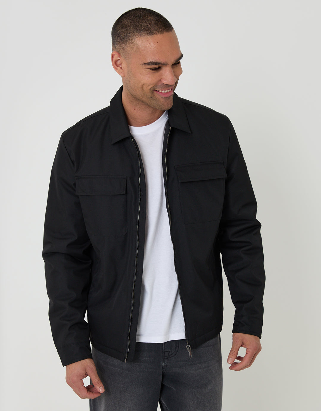Threadbare Showerproof Lightweight Collared Zip Up Jacket in Black - front view