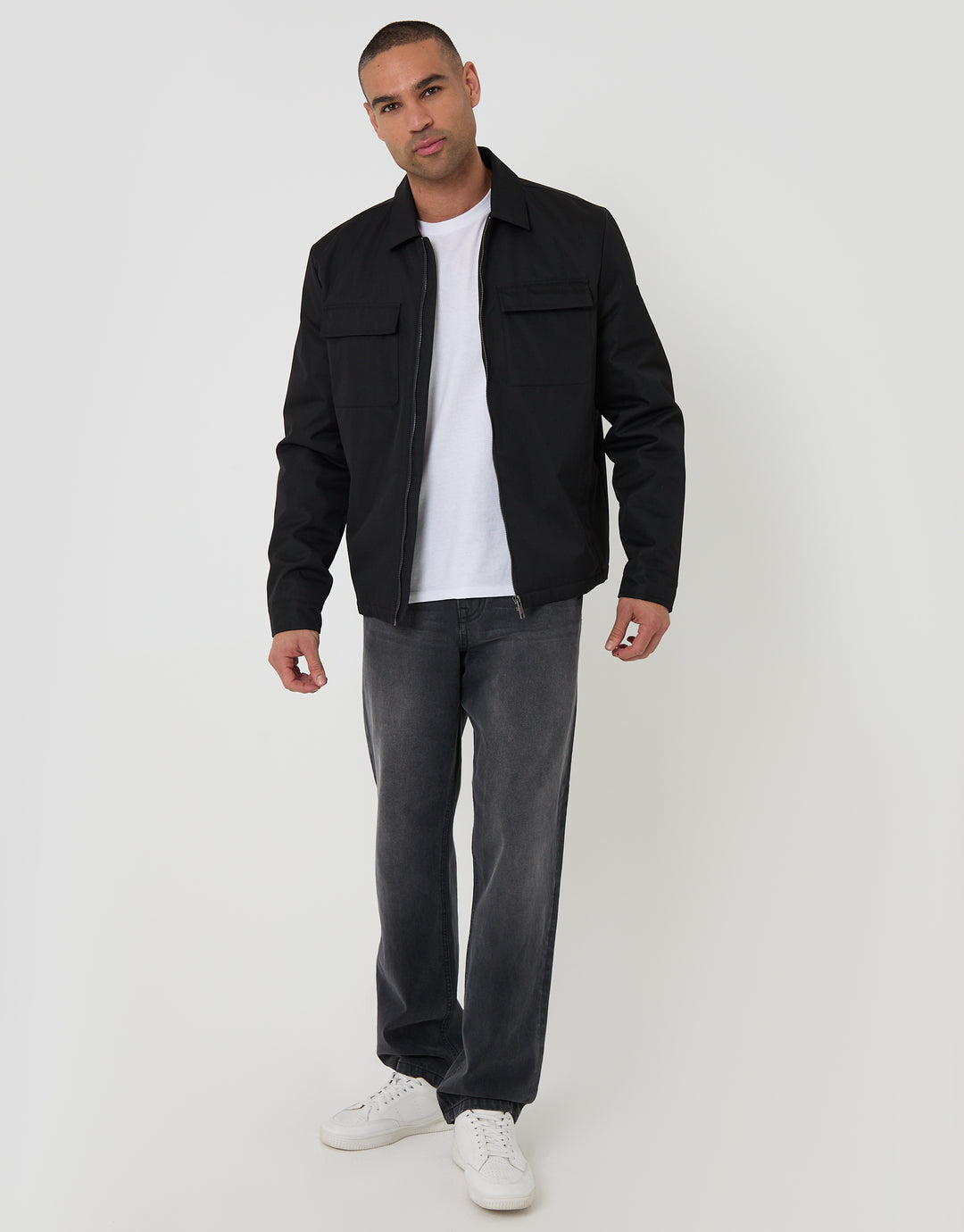 Threadbare Showerproof Lightweight Collared Zip Up Jacket in Black - full body