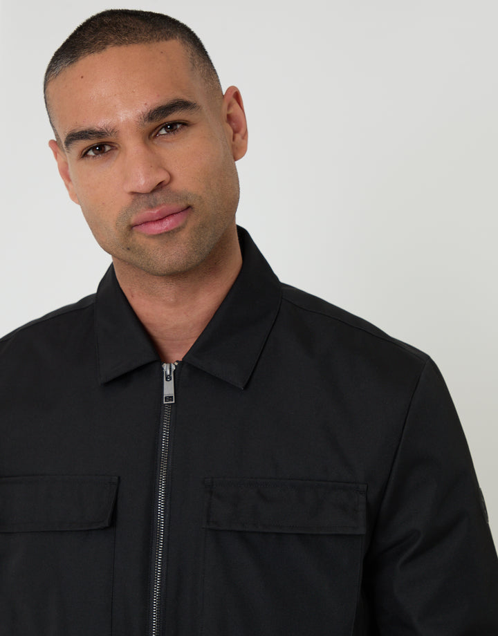 Threadbare Showerproof Lightweight Collared Zip Up Jacket in Black - collar close up