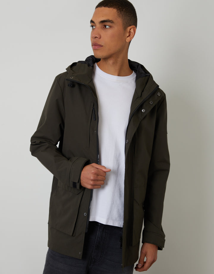 Khaki Green Showerproof Hooded Coat