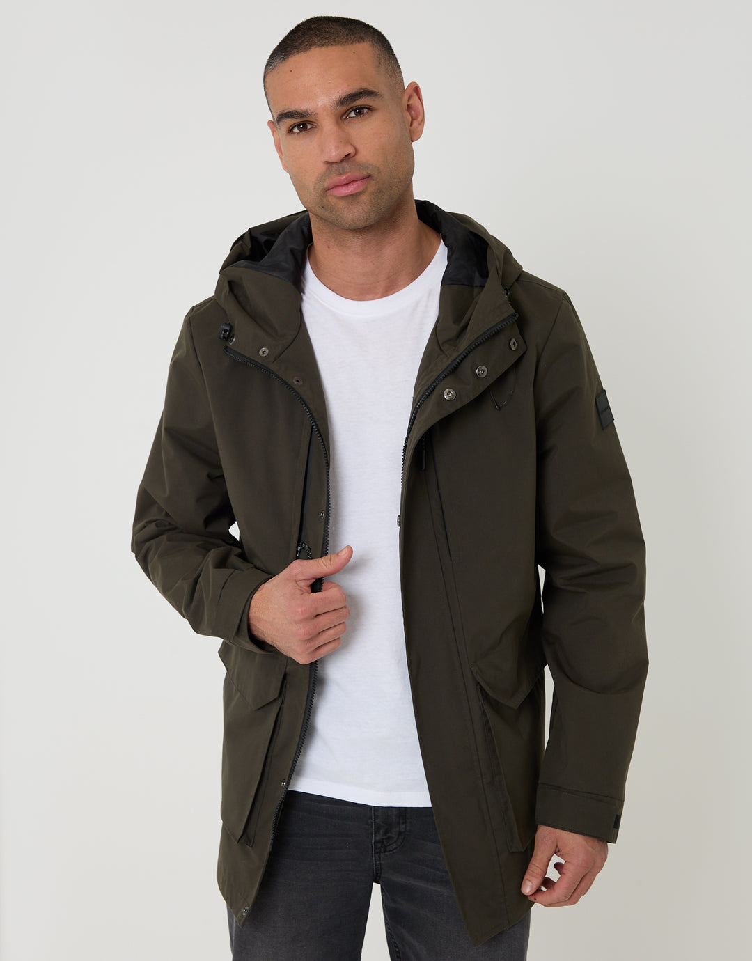 Threadbare Showerproof Microfleece Lined Padded Coat in Khaki Green - front view, worn open