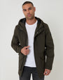 Threadbare Showerproof Microfleece Lined Padded Coat in Khaki Green - front view, worn open