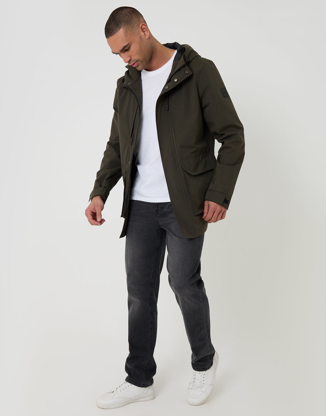 Threadbare Showerproof Microfleece Lined Padded Coat in Khaki Green - full body