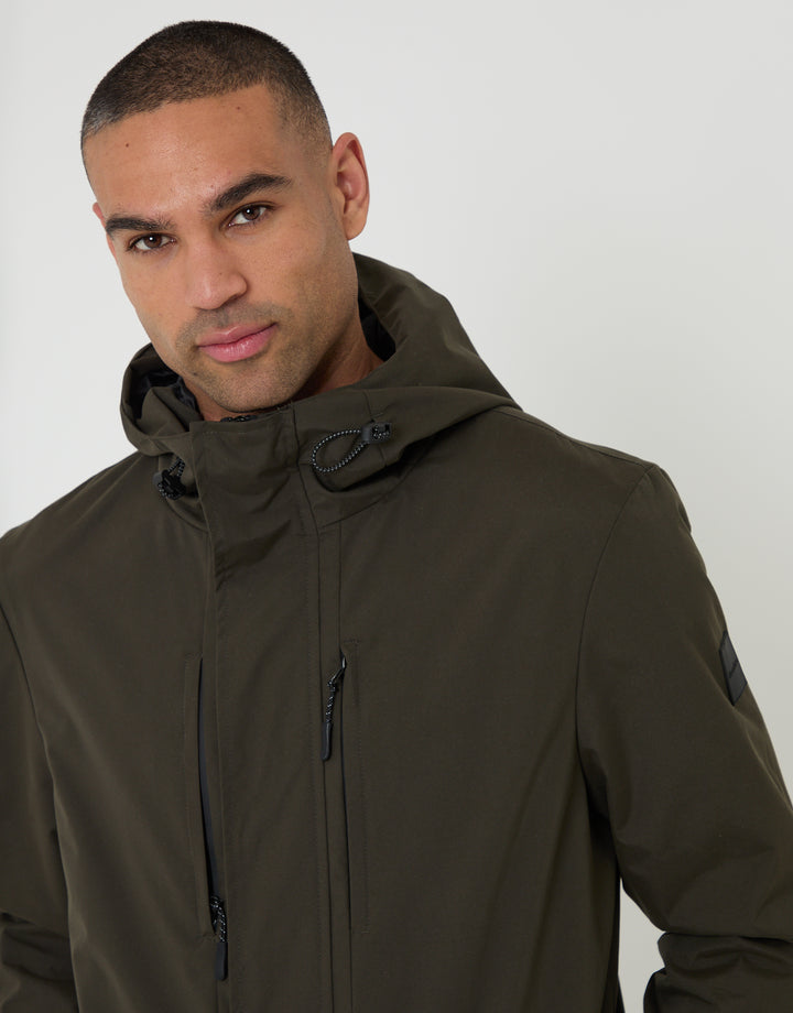 Threadbare Showerproof Microfleece Lined Padded Coat in Khaki Green - front view close up