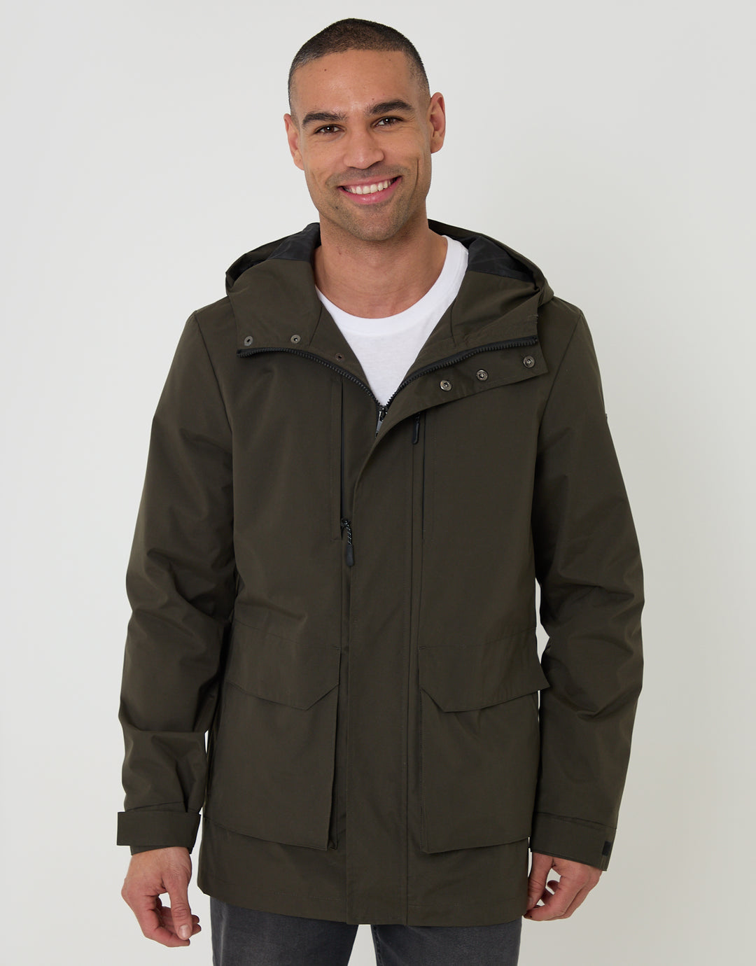 Threadbare Showerproof Microfleece Lined Padded Coat in Khaki Green - front view, zipped up