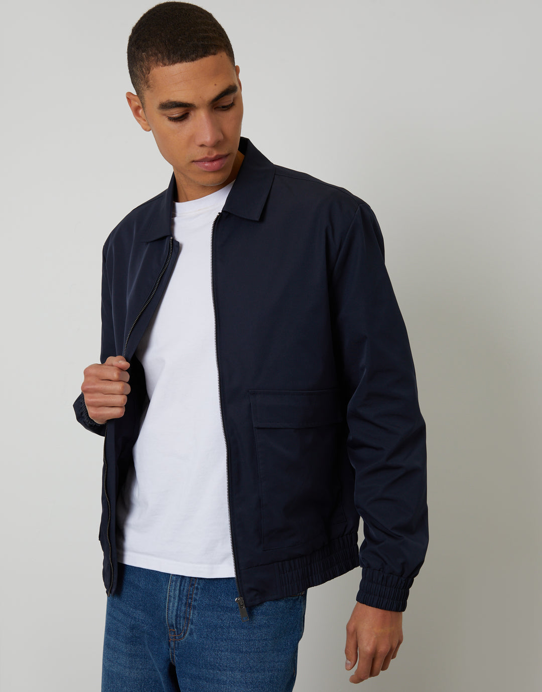 Navy  Showerproof Patch Pocket Zip Up Collared Jacket