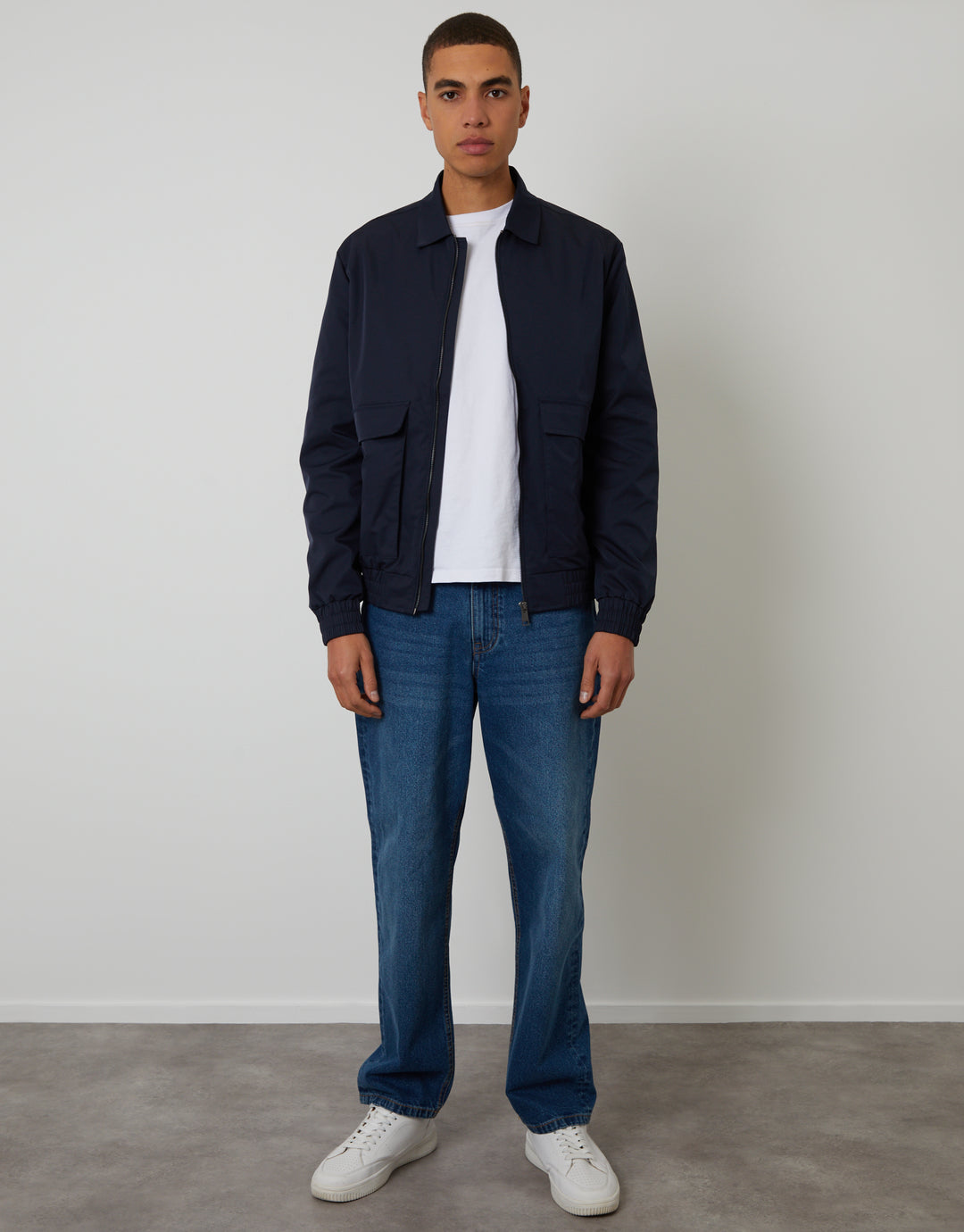 Navy  Showerproof Patch Pocket Zip Up Collared Jacket