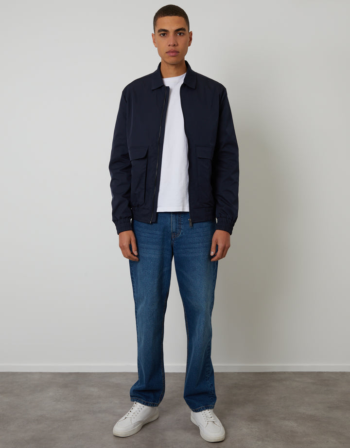 Navy  Showerproof Patch Pocket Zip Up Collared Jacket