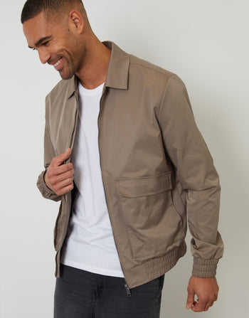 Threadbare Showerproof Patch Pocket Zip Up Collared Jacket in Taupe - front view, worn open