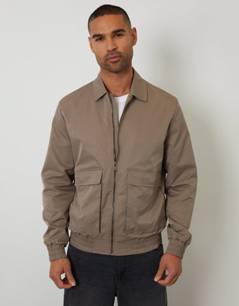 Threadbare Showerproof Patch Pocket Zip Up Collared Jacket in Taupe - front view