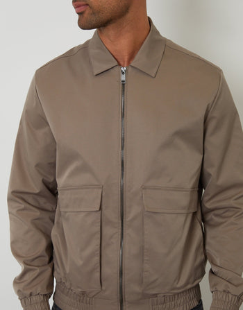 Threadbare Showerproof Patch Pocket Zip Up Collared Jacket in Taupe - front view close up