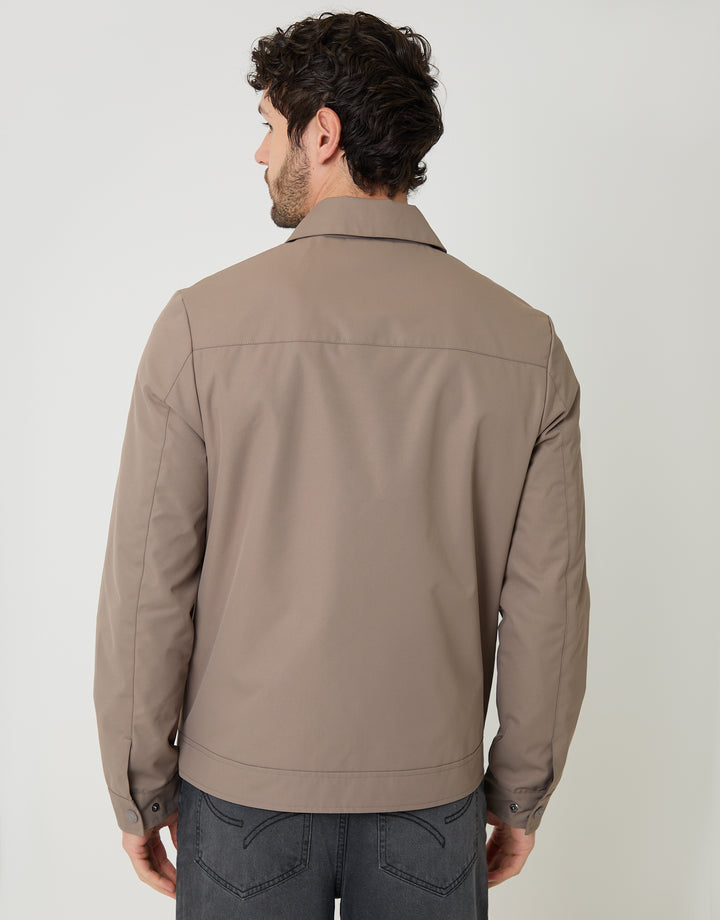 Threadbare Showerproof Lightweight Zip Up Jacket With Collar in Taupe - back view