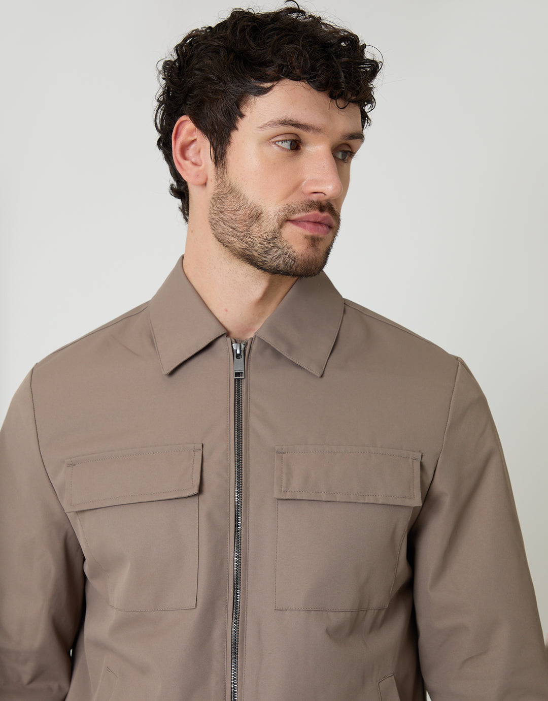 Threadbare Showerproof Lightweight Zip Up Jacket With Collar in Taupe - front view close up