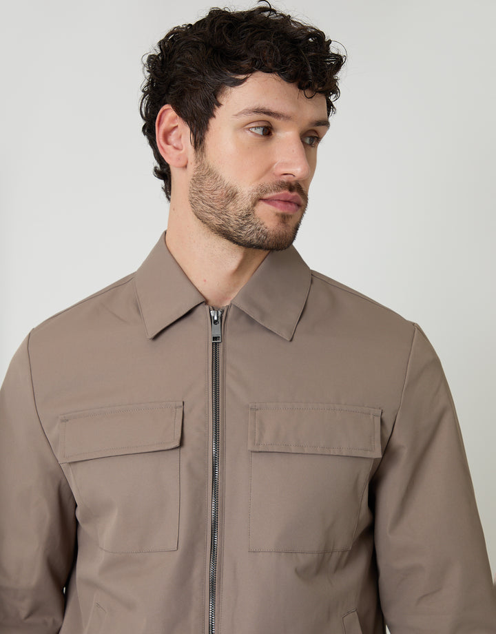 Threadbare Showerproof Lightweight Zip Up Jacket With Collar in Taupe - front view close up