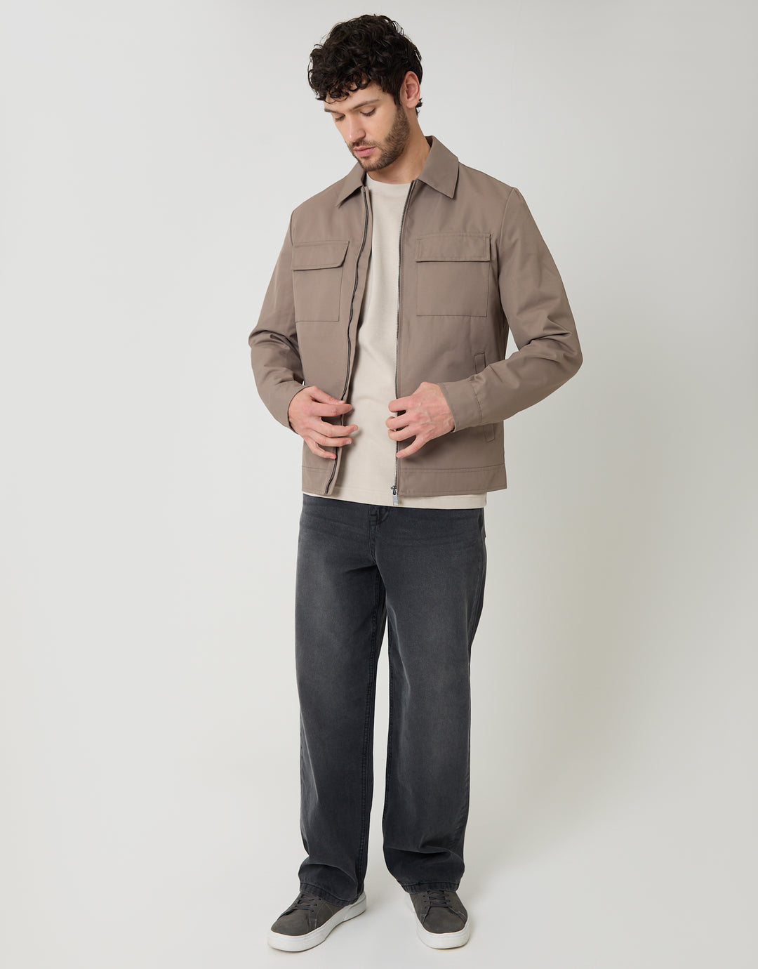Threadbare Showerproof Lightweight Zip Up Jacket With Collar in Taupe - full body