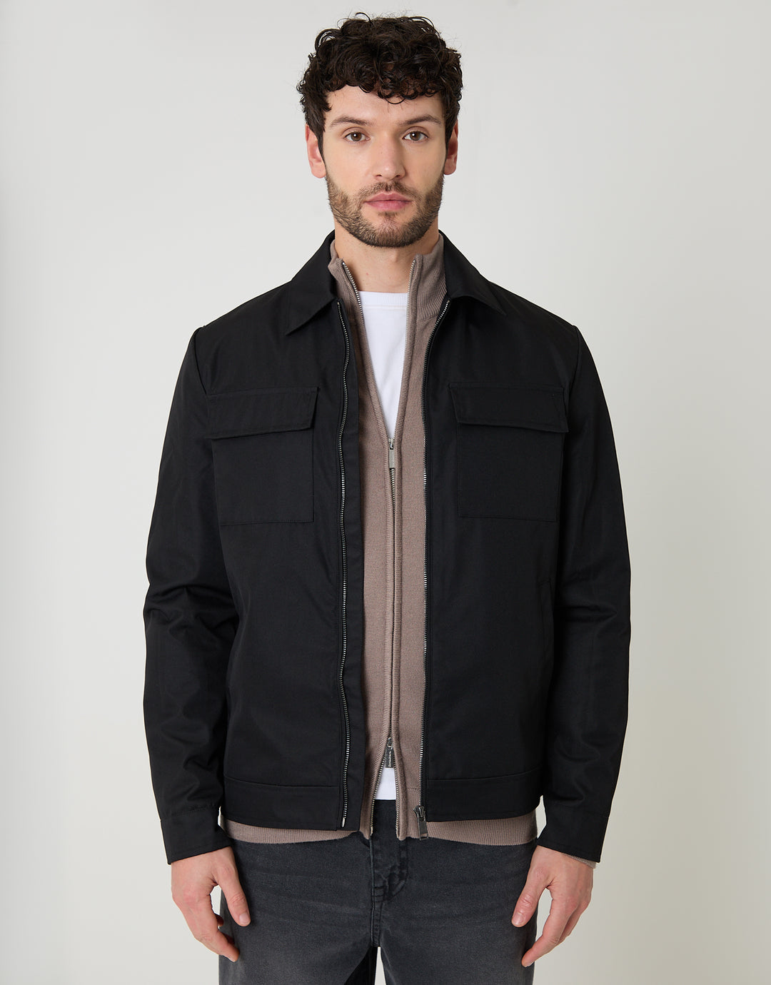 Threadbare Showerproof Lightweight Zip Up Jacket With Collar in Black - front view