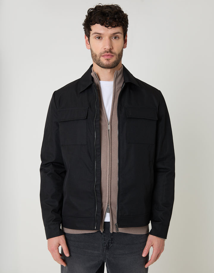 Threadbare Showerproof Lightweight Zip Up Jacket With Collar in Black - front view