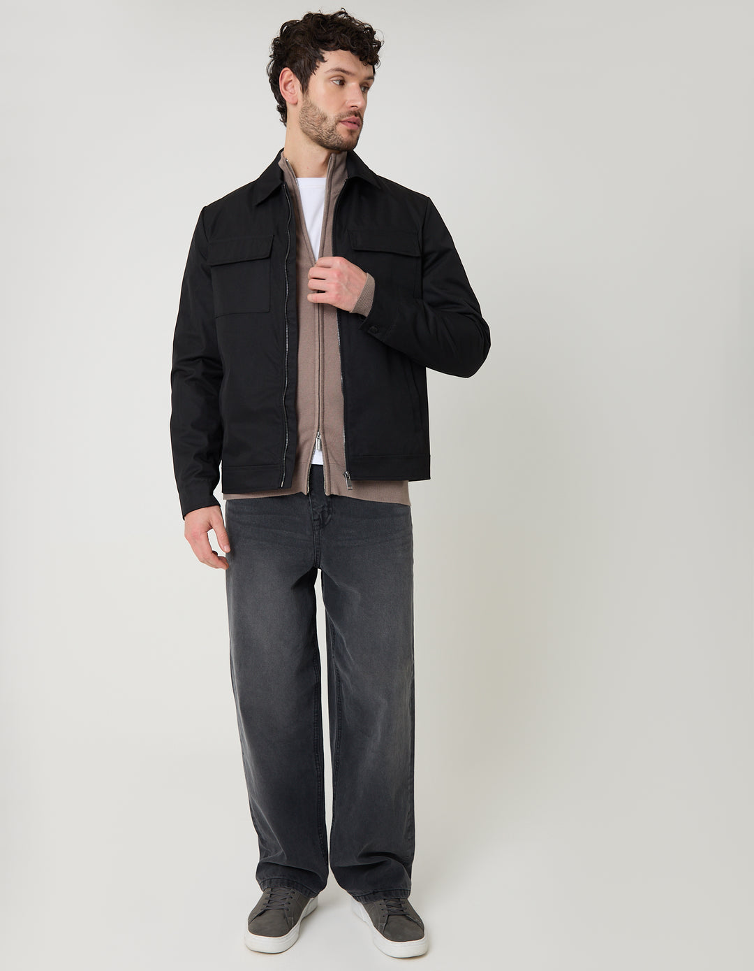 Threadbare Showerproof Lightweight Zip Up Jacket With Collar in Black - full body