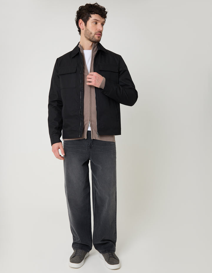 Threadbare Showerproof Lightweight Zip Up Jacket With Collar in Black - full body