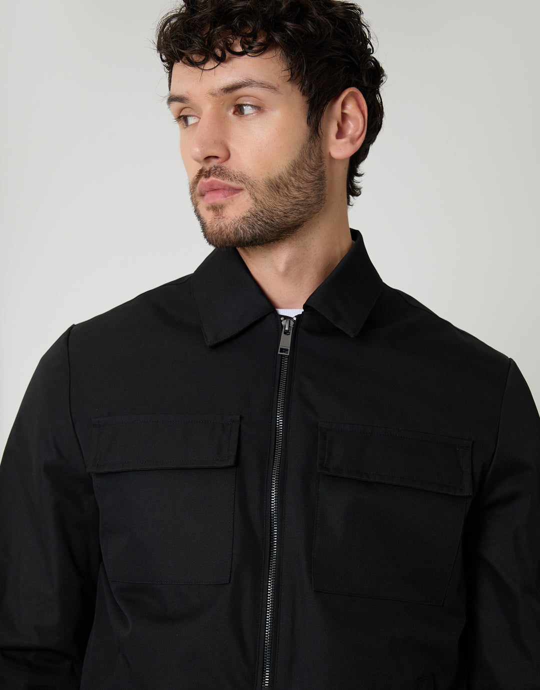 Threadbare Showerproof Lightweight Zip Up Jacket With Collar in Black - front view close up