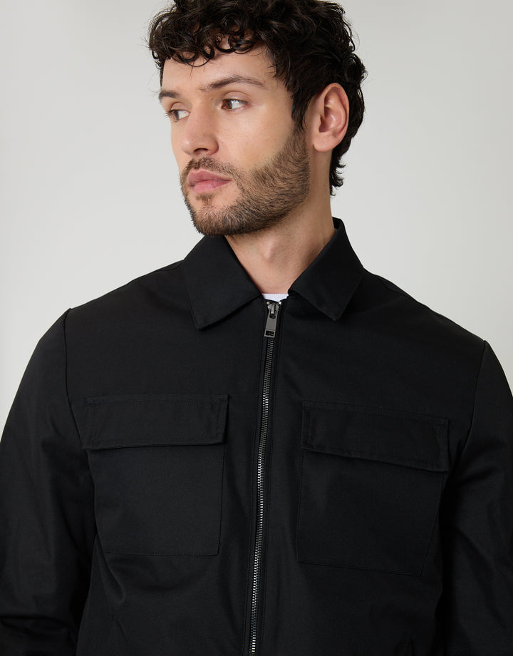 Threadbare Showerproof Lightweight Zip Up Jacket With Collar in Black - front view close up