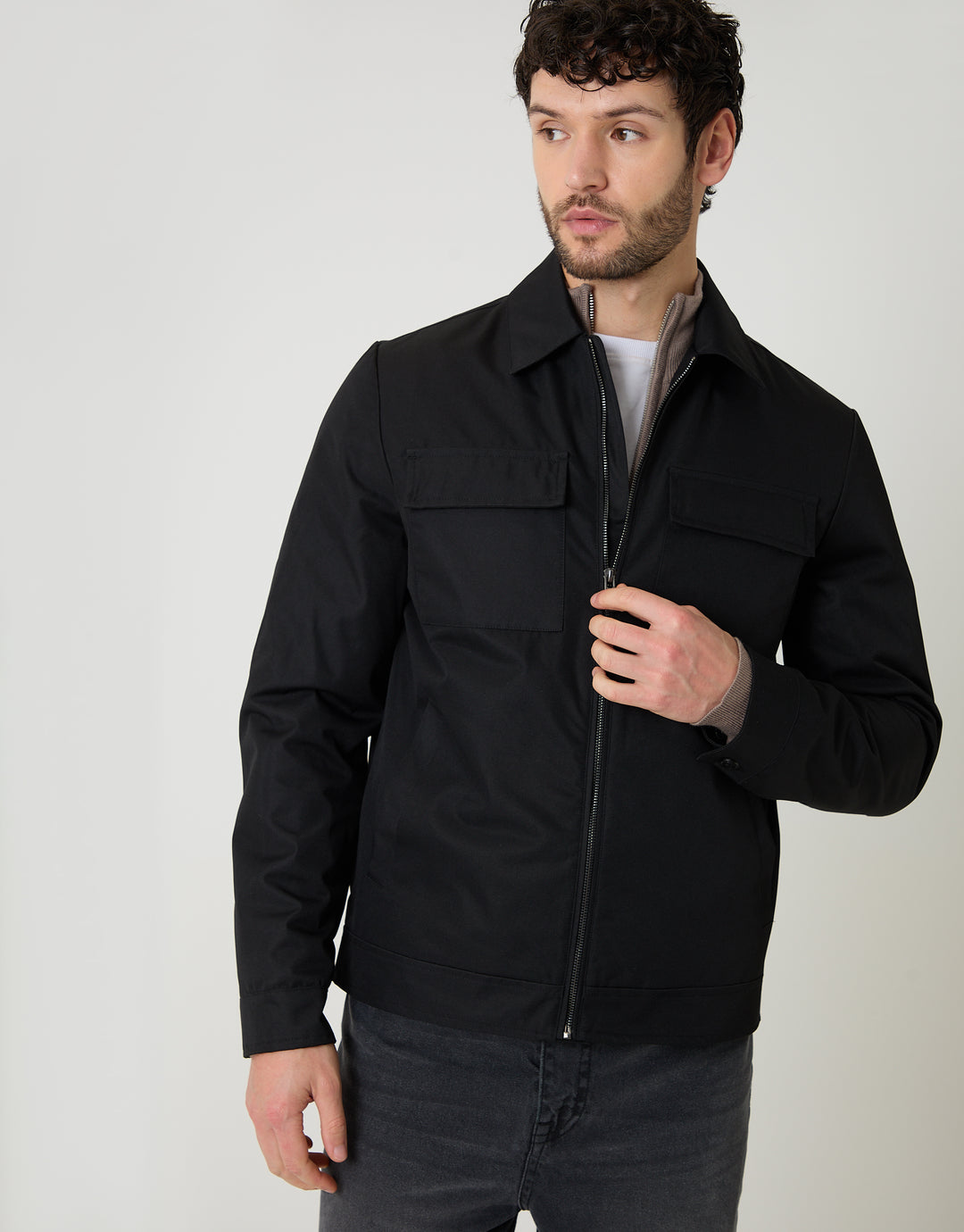 Threadbare Showerproof Lightweight Zip Up Jacket With Collar in Black - front view
