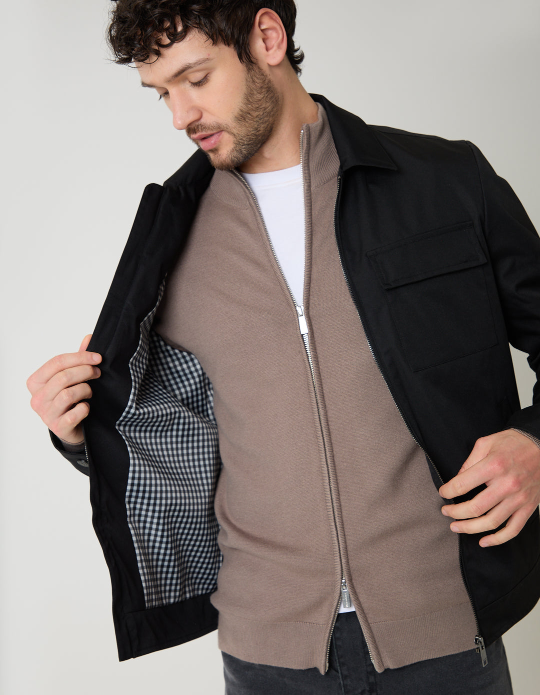 Threadbare Showerproof Lightweight Zip Up Jacket With Collar in Black - front view, unzipped