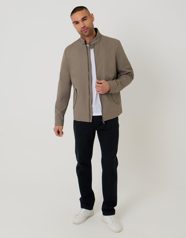 Taupe Showerproof Zip Up Harrington Jacket