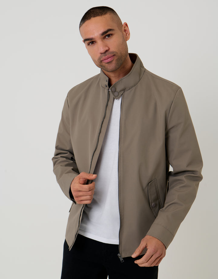 Taupe Showerproof Zip Up Harrington Jacket
