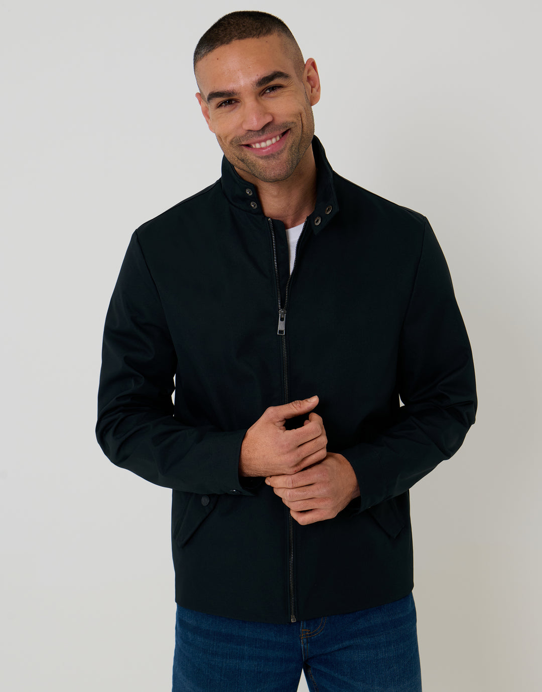 Navy Showerproof Zip Up Harrington Jacket