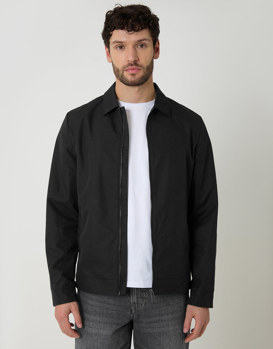 Threadbare Showerproof Lightweight Collared Zip Through Jacket in Black - front view