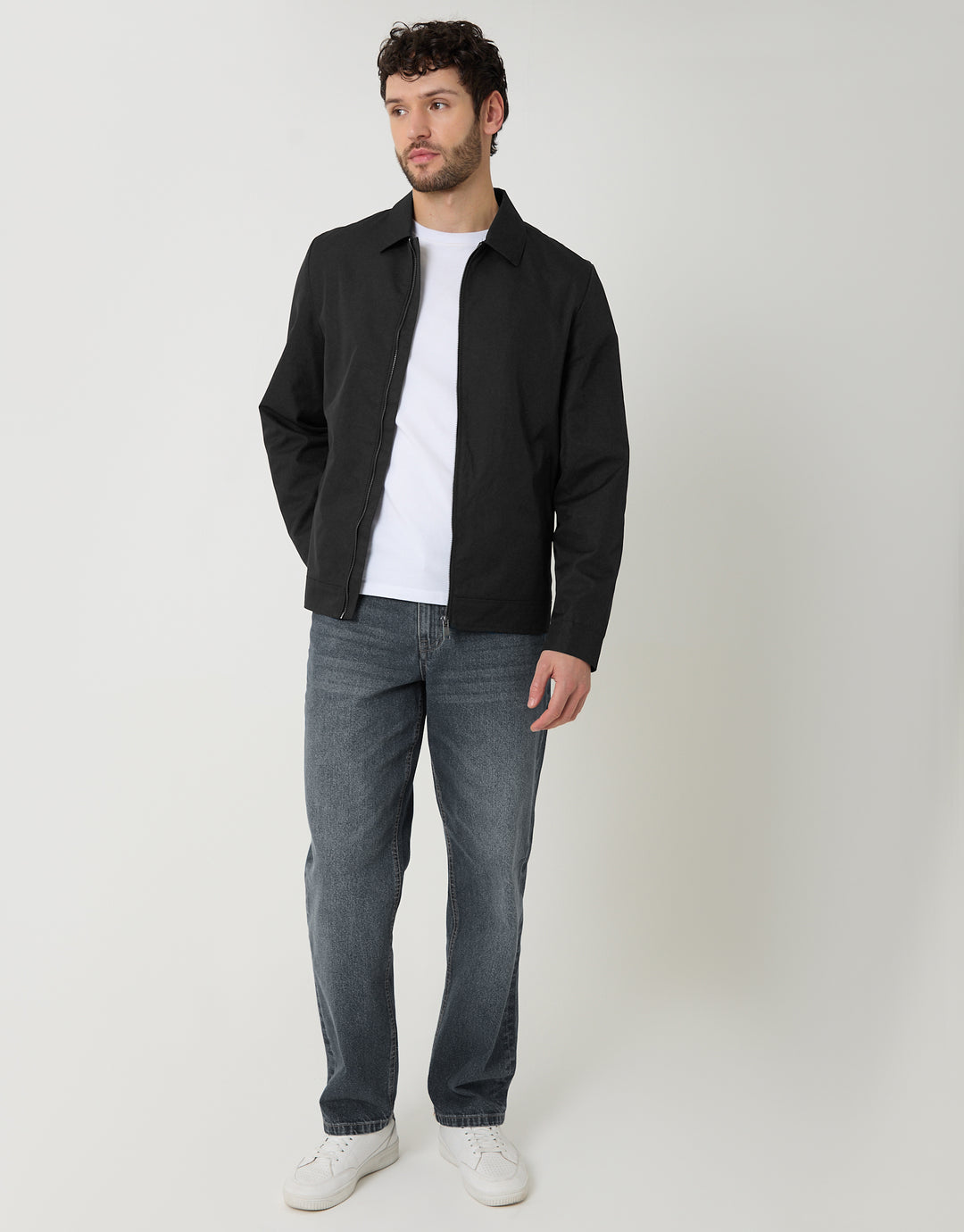 Showerproof Lightweight Collared Zip Through Jacket in Black - full body