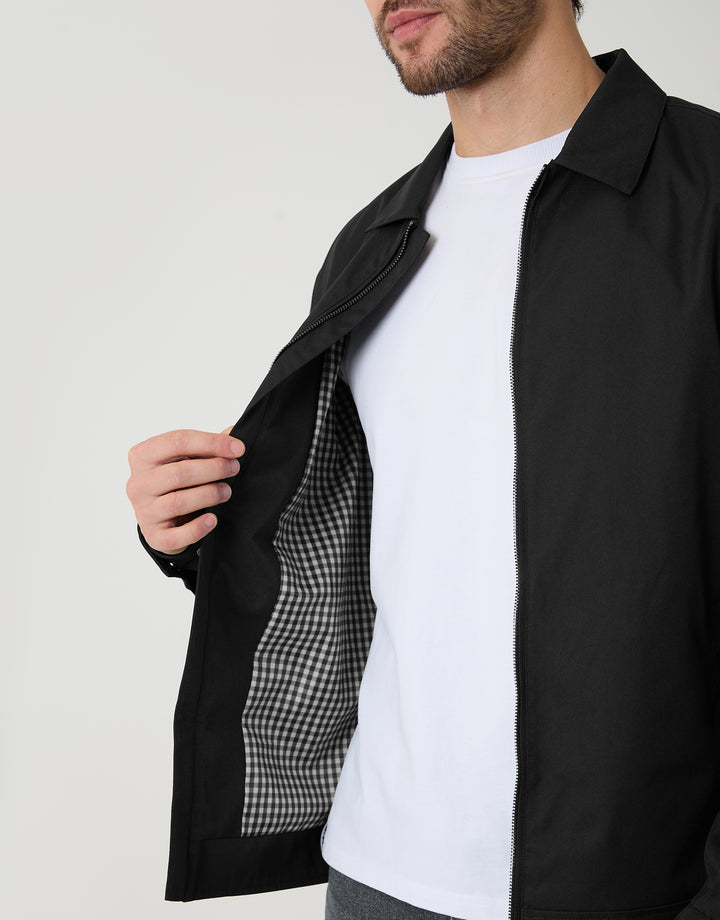 Showerproof Lightweight Collared Zip Through Jacket in Black - close up inside
