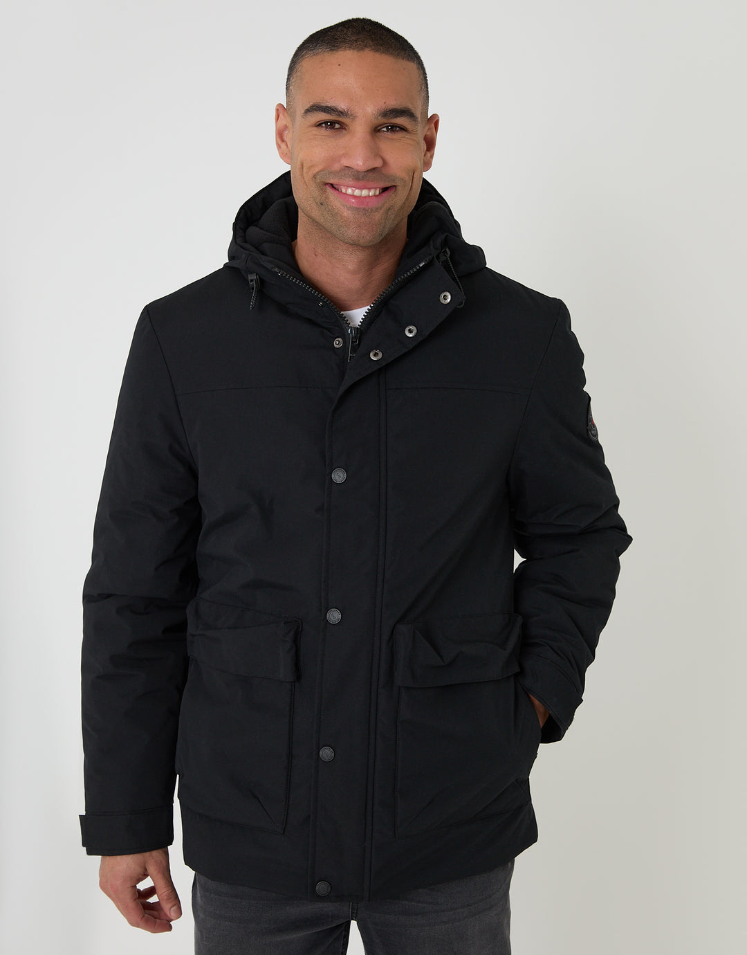 Threadbare Showerproof Microfleece Lined Padded Coat in Black - front view, zipped up