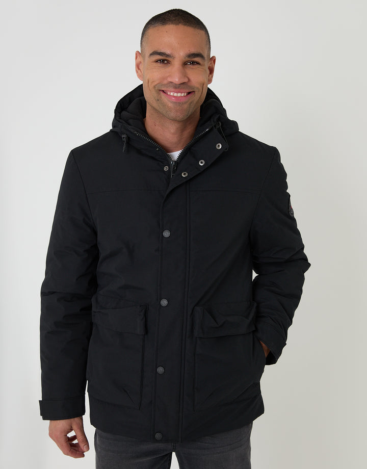 Threadbare Showerproof Microfleece Lined Padded Coat in Black - front view, zipped up