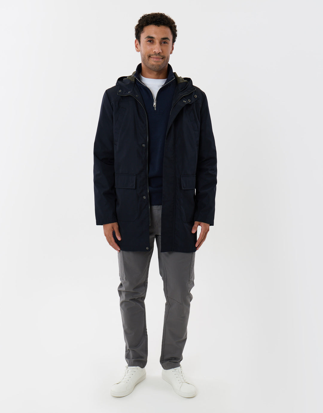 Threadbare Showerproof Hooded Longline Mac with Patch Pockets in Navy - full body