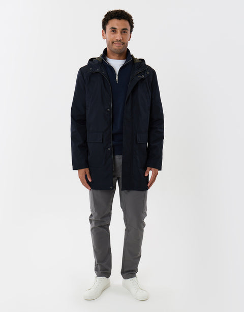 Threadbare Showerproof Hooded Longline Mac with Patch Pockets in Navy - full body