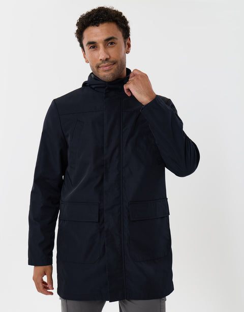 Threadbare Showerproof Hooded Longline Mac with Patch Pockets in Navy - front view