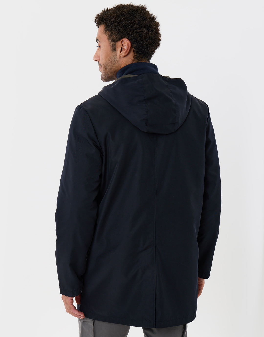 Threadbare Showerproof Hooded Longline Mac with Patch Pockets in Navy - back view