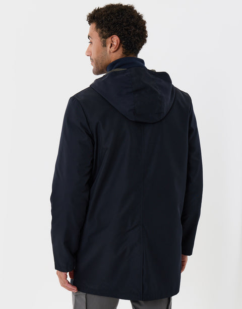 Threadbare Showerproof Hooded Longline Mac with Patch Pockets in Navy - back view