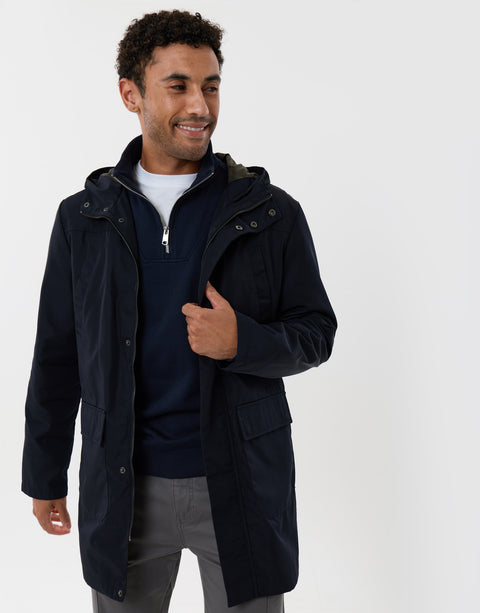 Threadbare Showerproof Hooded Longline Mac with Patch Pockets in Navy - front view detail