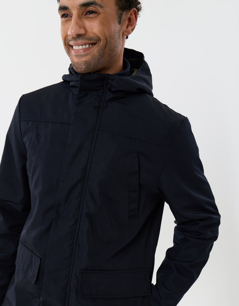 Threadbare Showerproof Hooded Longline Mac with Patch Pockets in Navy - detail