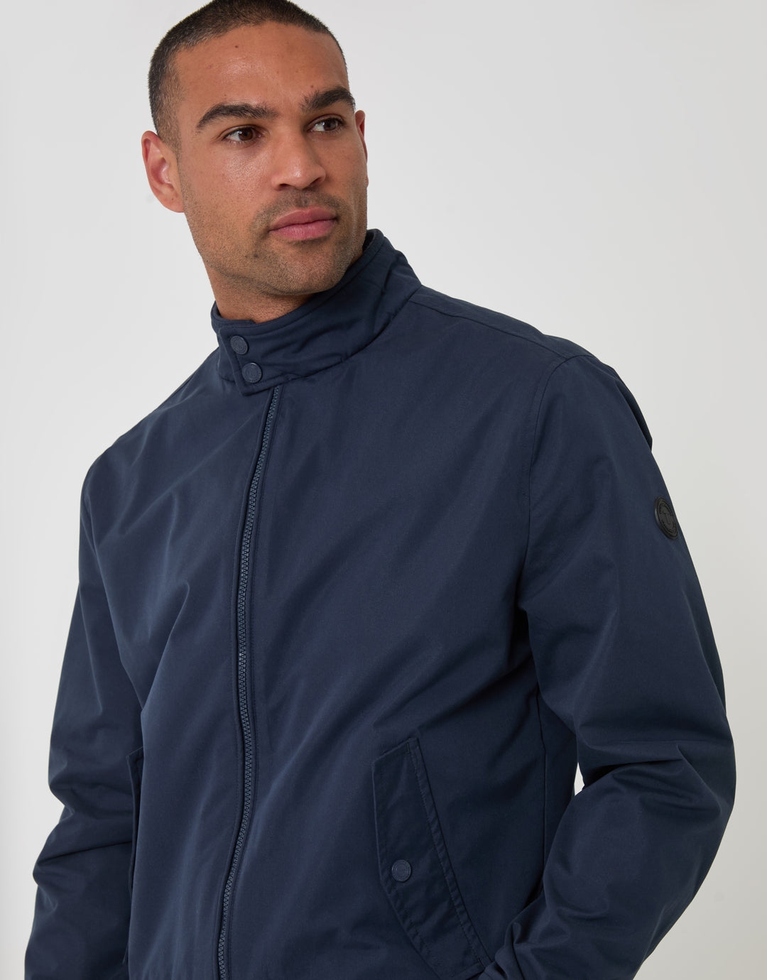 Threadbare Showerproof Microfibre Harrington Jacket in Navy - front zipped up