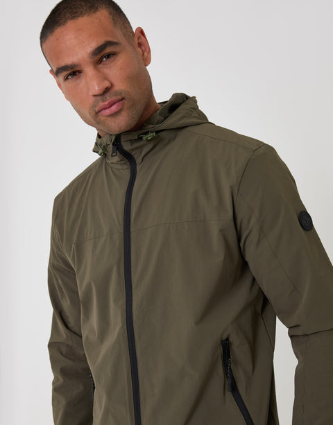 Threadbare Showerproof Ripstop Hooded Jacket in Khaki - front zipped