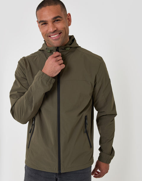 Threadbare Showerproof Ripstop Hooded Jacket in Khaki - zipped up