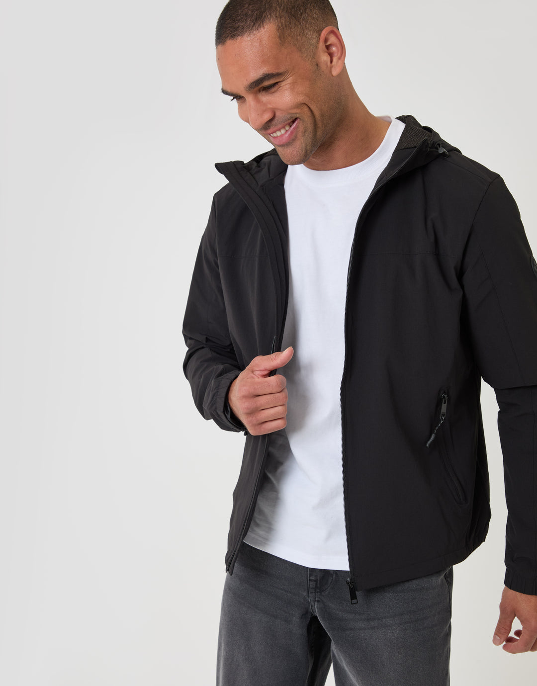 Threadbare Showerproof Ripstop Hooded Jacket in Black - front view