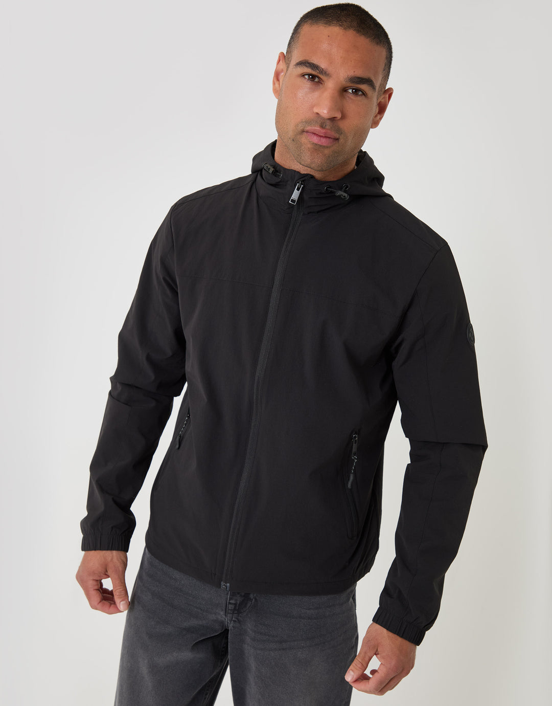Threadbare Showerproof Ripstop Hooded Jacket in Black - front zipped