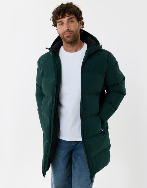 Threadbare Showerproof Longline Puffer Coat in Green - front view