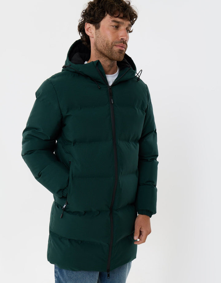Threadbare Showerproof Longline Puffer Coat in Green - front zipped