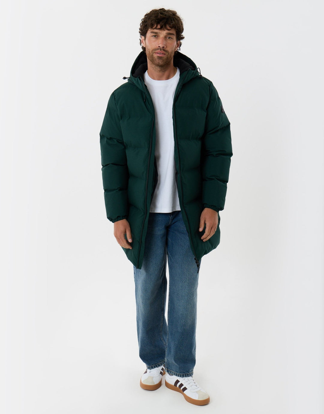 Threadbare Showerproof Longline Puffer Coat in Green - full body